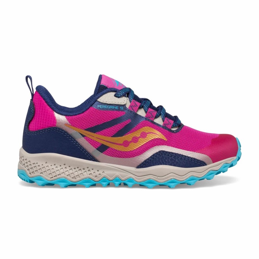 * Saucony Big Kids Peregrine 12 Shield (99 Navy/Turquoise/Pink) Footwear